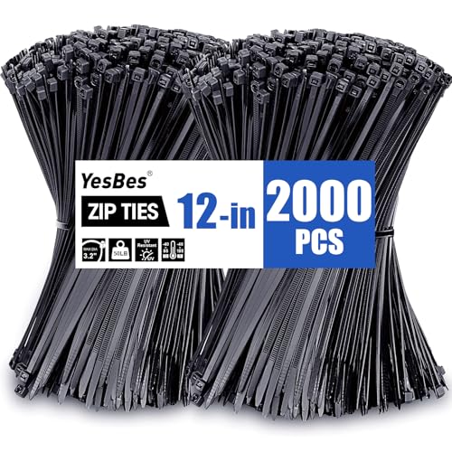 2000 PCS Black Zip Ties (12 Inch 50lbs Strength)