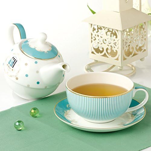 Jusalpha Bone China Blue Teapot and Server Set for One, Teapot Cup and Saucer Set (Teapot Set 04)