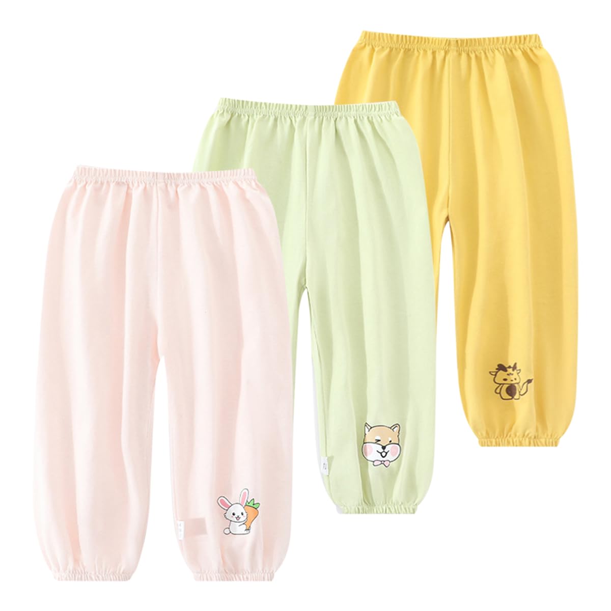 Pantaloni a Lanterna per Bambini (3 Pezzi) - Cotone Morbido, Vita Elastica, Estate Leggero - Stile Casual con Stampe Animaletti 6 Mesi-5 Anni