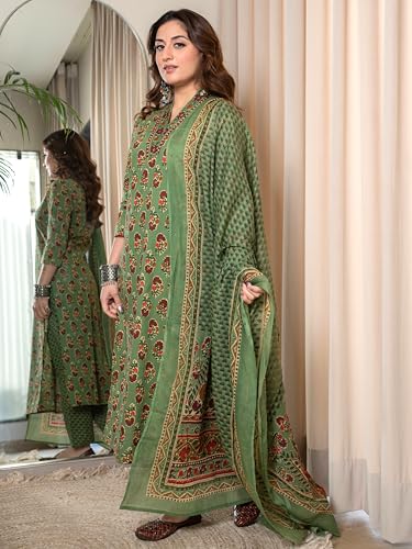 Image of Arayna Women's Cotton Printed Kurta Set with Pants & Dupatta - 3 /4 Sleeve | Elegant Ethnic Wear