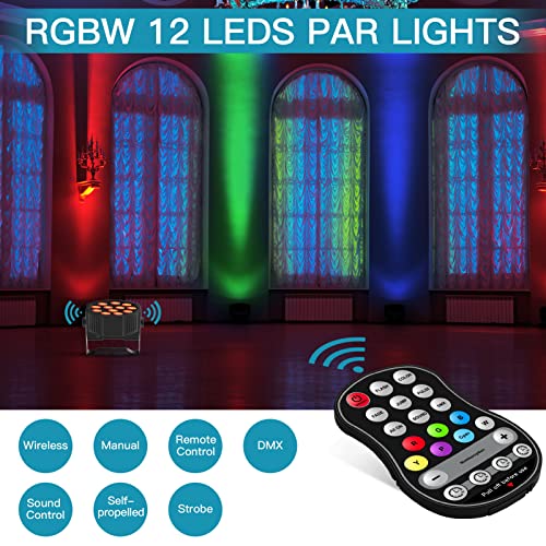 DELIBANG 4PCS RGBW LED Par Strahler Akku, 12 LED Bühnenlicht Wiederaufladbar mit Fernbedienung und Timing, Discolicht Partylicht Effektstrahler 8CH für Outdoor Beleuchtung Bühne Hochzeit Weihnachten