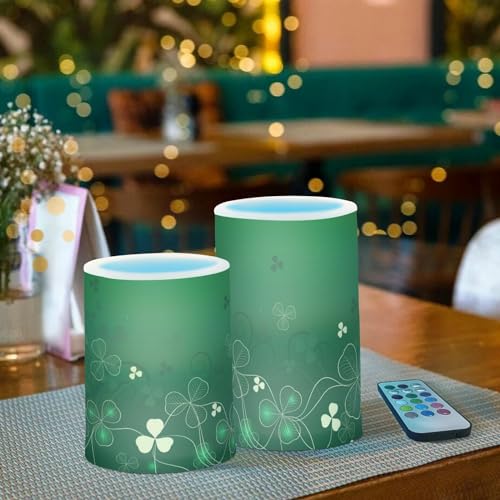 Image of ALAZA Glowing Green Golden Shamrock Flickering Flameless Candles Patrick's Day Battery Operated with Remote Timer,Tea Light Candles LED Pillar Votive Candles Set of 2 for Outdoor Indoor Decorations