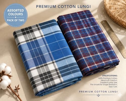 Image of Premium Cotton Lungi for Men, 2 Meter, Multicolor Checked Pattern, Soft Comfortable Fabric, Pack of 2