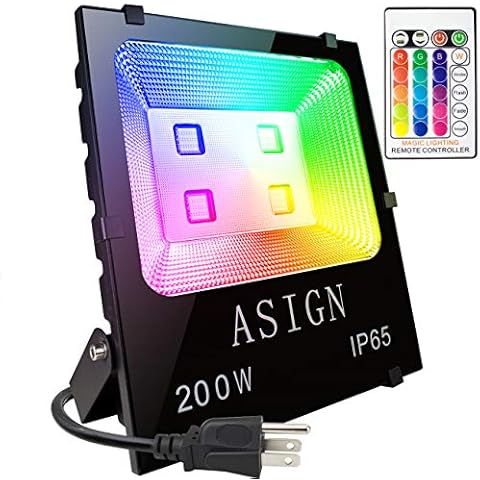ASIGN 200W RGB LED Flood Lights, Indoor Outdoor Decoration Light Waterproof Color Changing LED Security Light with Remote Control, Dimmable Wall Washer Lights with US 3-Plug Cover