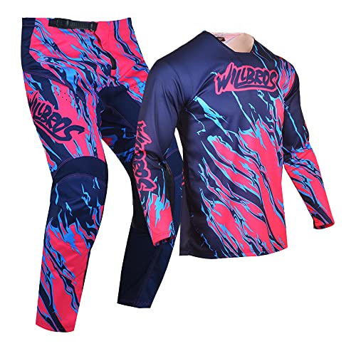 Willbros Jersey Pant Combo Motocross Women MX Gear Set Mens Motorcycle Off-road Racewear Dirt Bike Riding Racing ATV Pink Blue (Jersey 2XL Pants 38) by Willbros - Image 2