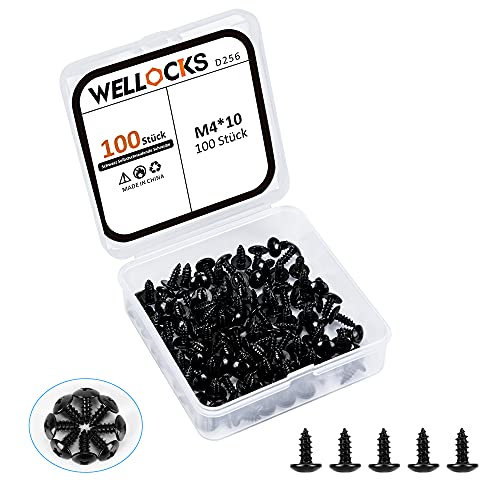 WELLOCKS 100 Stück Schwarz Selbstschneidende Schraube, Kreuz Flachkopf Verzinkt Blechschrauben Geeignet für Draußen und Drinnen M4 x 10 mm(D256) Cover