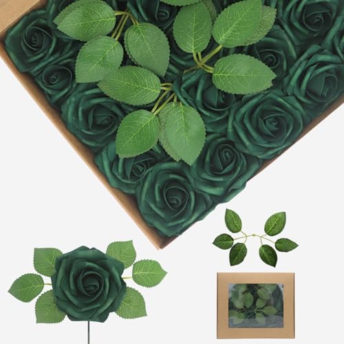YEHLIABO 25Pcs Peacock Green Artificial Flowers Real Looking Foam Fake Roses, Wedding Flowers Combo for Wedding Bouquets Centerpieces Flower Arrangements Decorations (Peacock Green, 25)