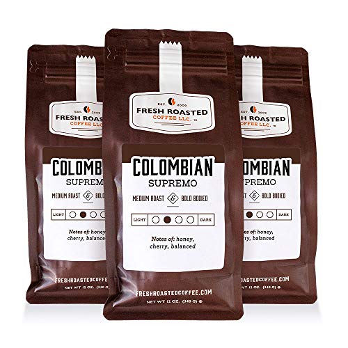 Fresh Roasted Coffee LLC, Colombian Supremo Coffee, Medium Roast, Whole Bean, 12 Ounce Bag, 3 Pack