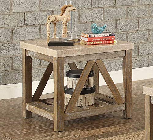 Benjara Benzara Wooden End Table With Marble Top, Brown, #TOP19