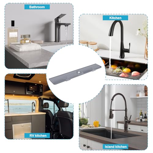 Image of Derlights 33 inch Sink Splash Guard Mat, Silicone Faucet Handle Drip Catcher Tray, Longer Silicone Sink Mat for KitchenBathroom, Drip Protector Splash Countertop (Gray)