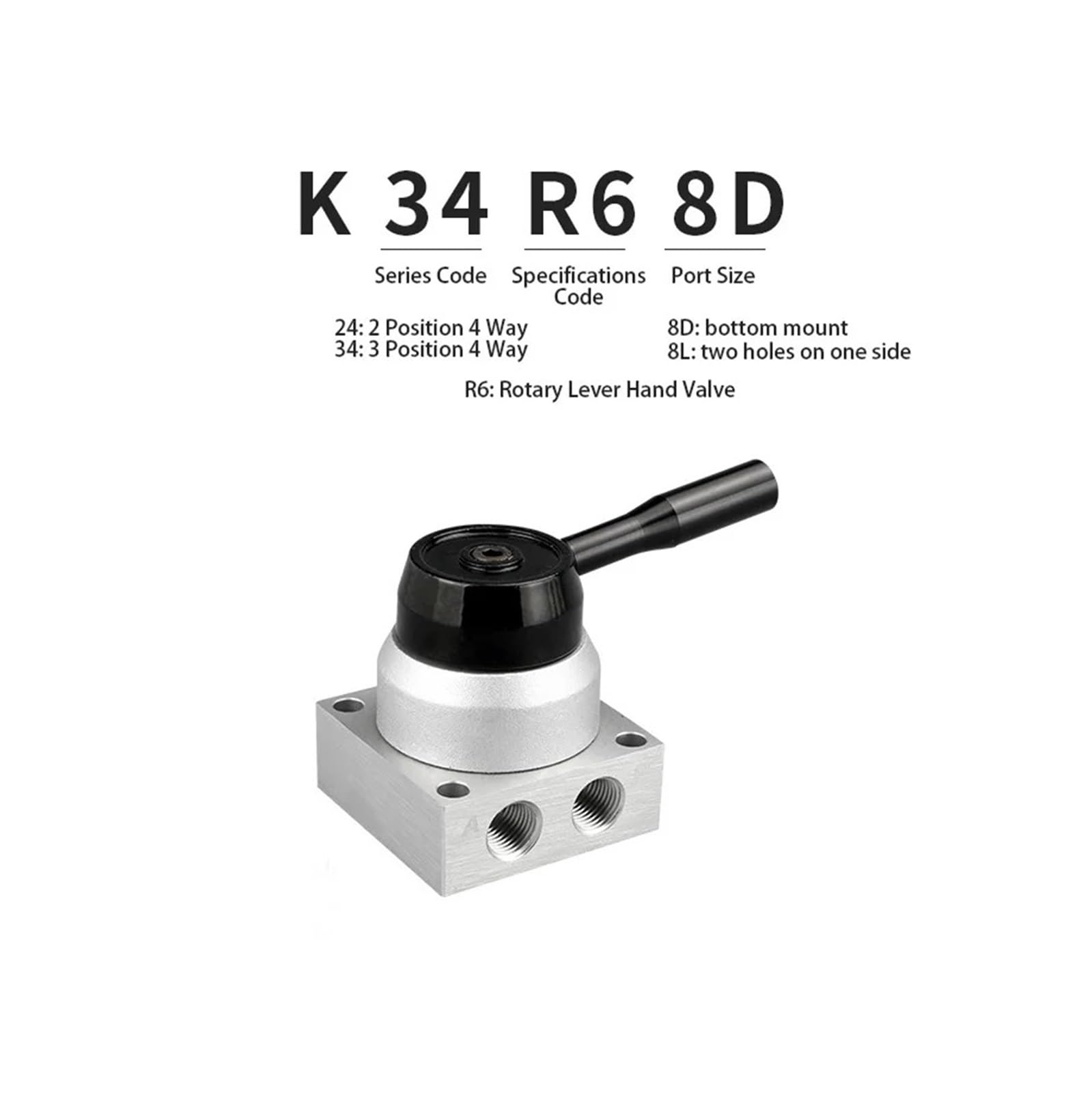 Valvola manuale pneumatica a leva rotante a 4/3 vie Controllo manuale del flusso 3 posizioni 4 porte K34R6-8D 4HV310-10(K34R6-8,With 12mm fitting)