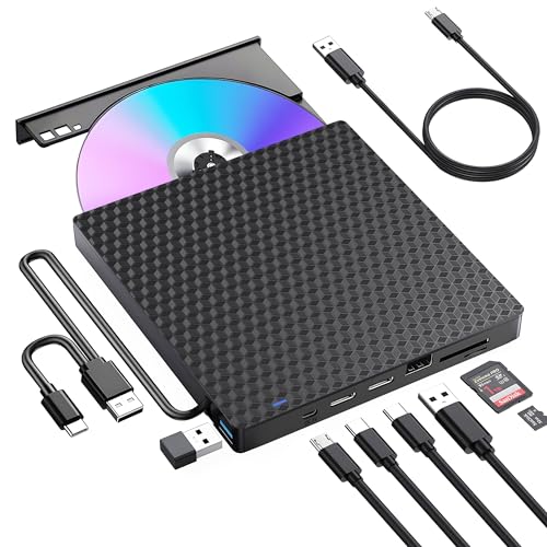External CD DVD Drive for Laptop, USB 3.0 Optical Disc Drive,4 USB Ports and 2 TF/SD Card Slots,Portable CD/DVD Burner CD ROM External DVD Drive for Laptop Desktop PC Windows 11/10/8/7/XP Linux Mac OS