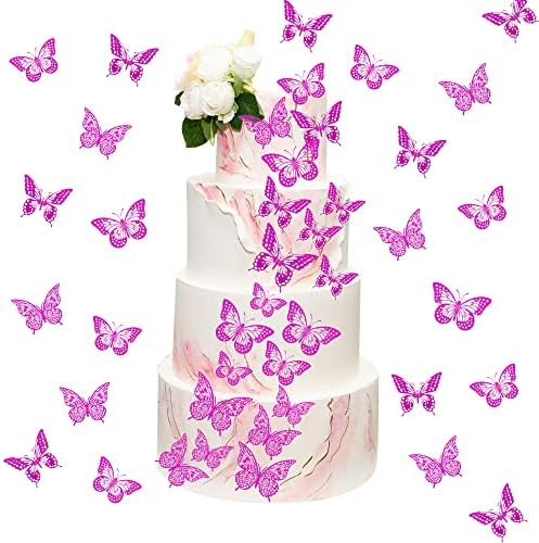 36 Pack Purple Glitter 3D Butterfly Cupcake Toppers Hollow Butterfly Cake Decorations for Birthday Wedding Fairy Party Butterfly Wall Sticker Decal for Background Wall Decoration