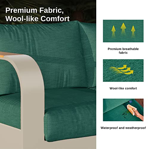 East Oak Signature 4 Pieces Patio Furniture Set, Outdoor Furniture With Aluminum Frame Finest Teak Wood Armrest Cushion Sofa And Table, Modern Patio Conversation Set For Garden Porch, Champagne&Green #TOP2