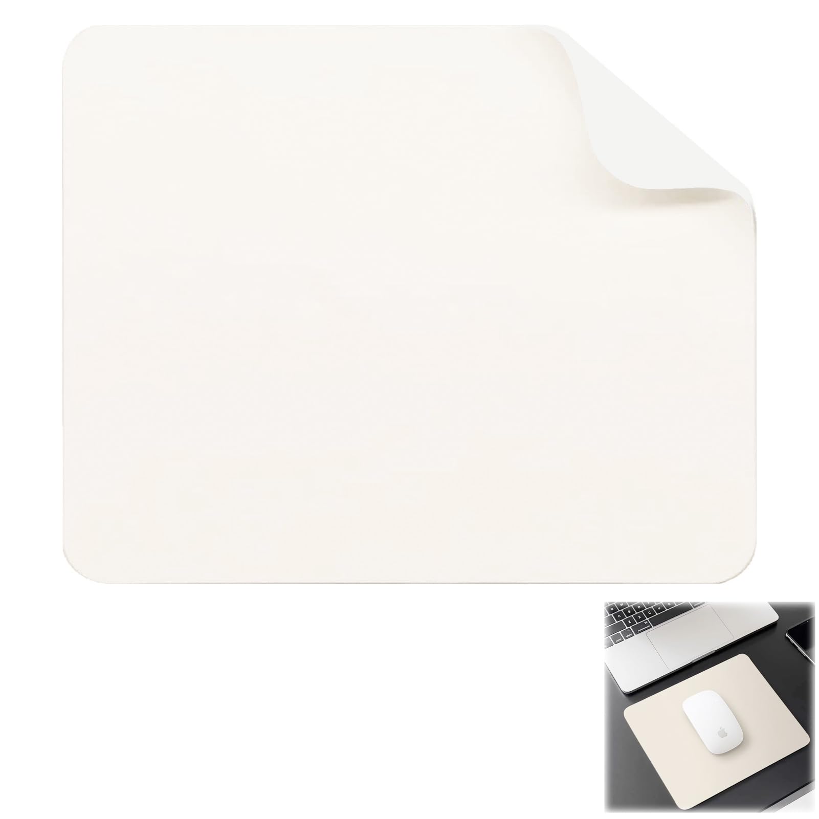 Leather Mouse Pad, Soft, with Lychee Pattern, Mouse Pad, White Mouse Pad, Soft and Non-Slip Surface, Silicone Base, for Office and Gaming, 26 x 21 cm (White)