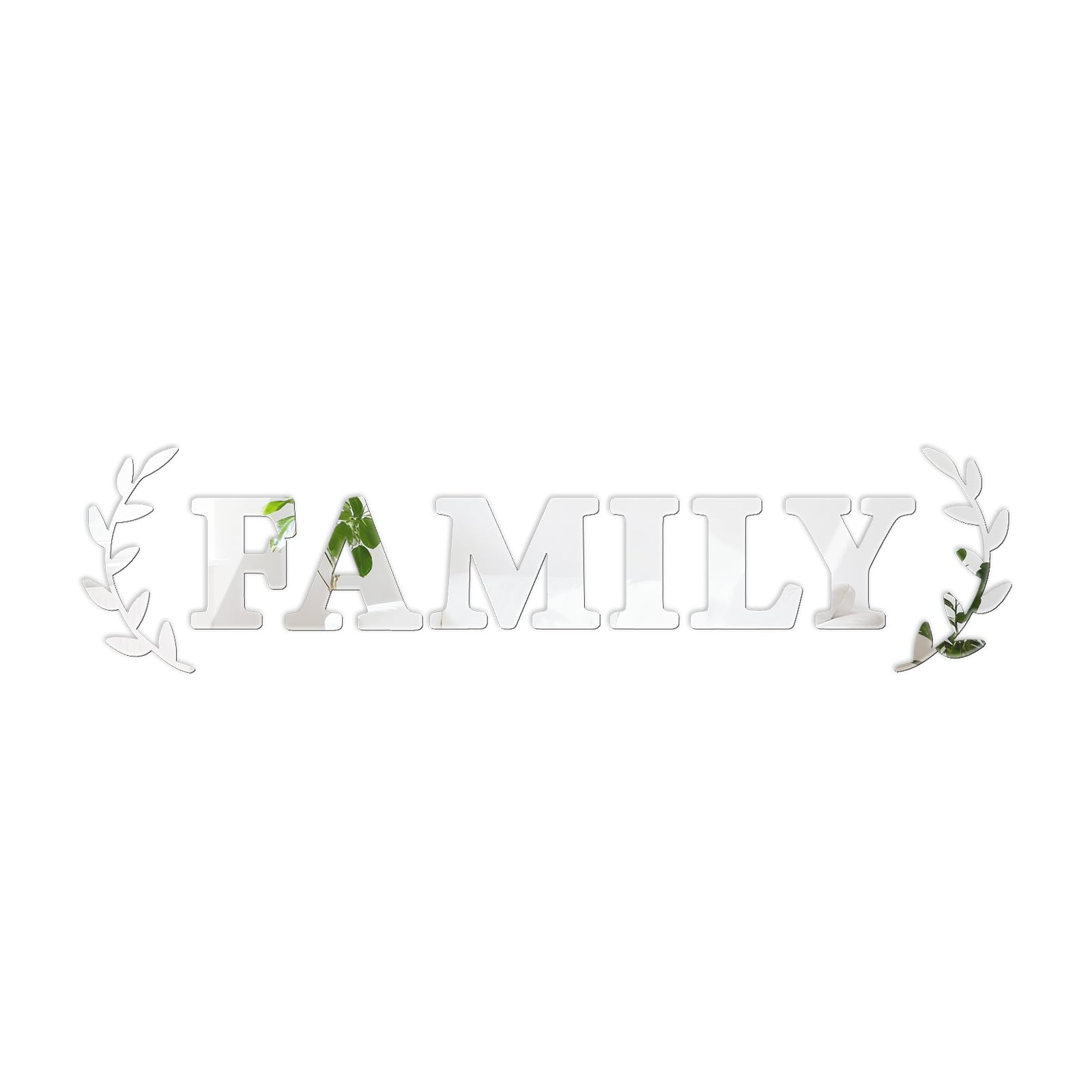 Sicheii Family Letters Mirror Wall Decor, 3D Acrylic Mirror Wall Decal Stickers Family Letter Quotes Home Decor, Leaves Mirrored Letters Signs, Decorative Wall Art for Living Room Bedroom, Silver