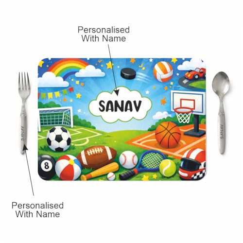 Image of Customized Table Mat with Name & Design Engraving | Personalized Dining Mat with Spoon & Fork | Customized Birthday Gift for Kids (Football)
