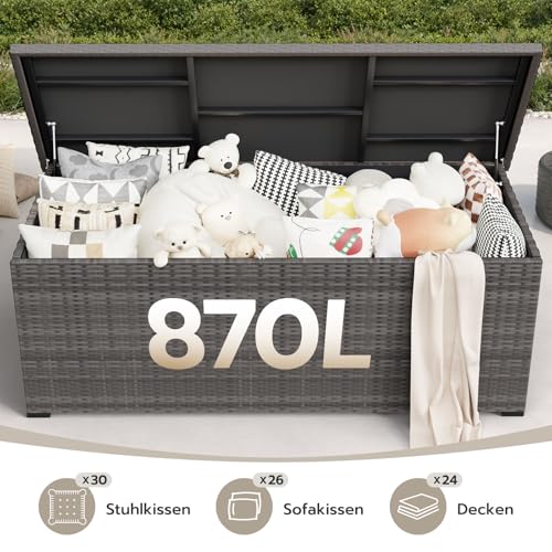 Amopatio 870L Gartenbox Auflagenbox wasserdicht, Kissenbox outdoor aus Polyrattan, Aufbewahrungsbox Metall mit Gasdruckfedern, Gartenkiste wetterfest für Garten, Balkon, Grau