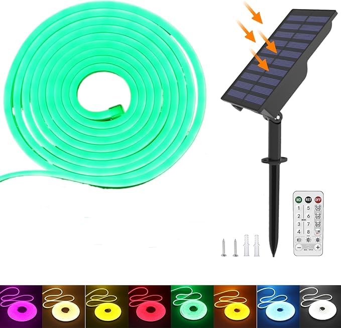 KISUFU Solar Energy Neon LED Ribbon, 24V Neon LED Strip Light IP65 Waterproof Silicone with 1.5w Solar Rechargeable Wall Mount USB Controller for Garden, Outdoor Yard Party Decoration