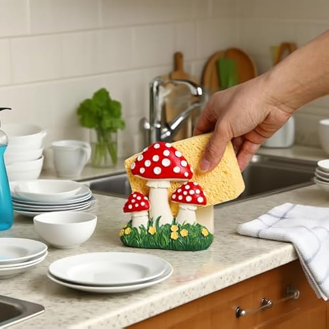 Resin Mushroom and Flower Shape Sponge Holder for Kitchen Sink, Compact Sink Caddy Organizer, Scouring Pad and Dish Sponge Holder