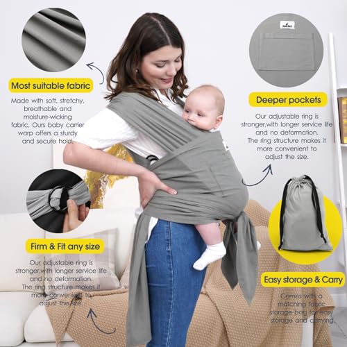 Jeroray Baby Wrap Carrier Sling: Baby Wearing Wraps Newborn to Toddlers Infants Stretchy Easy to Wear Hands Free Plus Size, Light Grey - Thumbnail 6