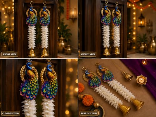 Image of Peacock Door Hanging Toran with White Flower Garland and Bell