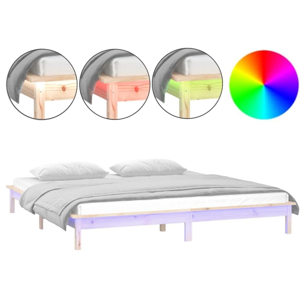 Lite drewno sosnowe z kolorowym LED Stelaż listwowy brąz 180x200 cm | Rama łóżka z LED 180x200 cm Super King lite drewno sosnowe RGB podświetlenie