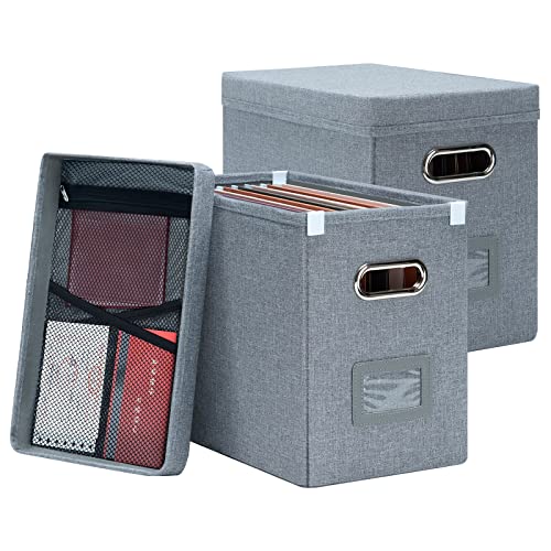 Oterri Hanging Filing File Box With Mesh Pocket, File Organizer Box With Lid, Collapsible Document Organizer Box For Letter Size, Easy Slide Durable Storage Box For Office/Decor/Home (2 Pcs, Grey) #TOP20