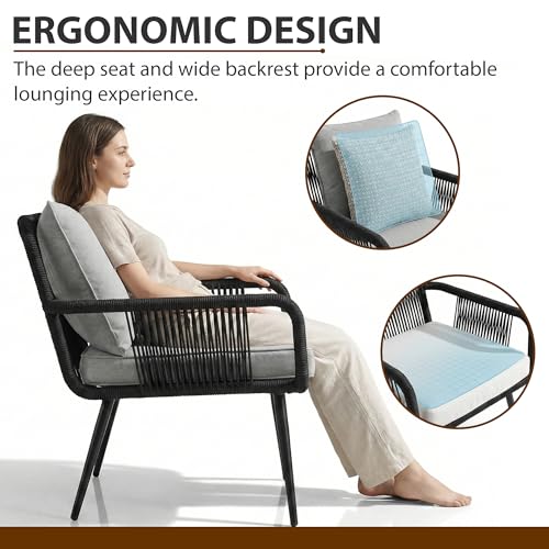 Image of BRISHI Garden Patio Seating Chair and Table Set Outdoor Balcony Garden Coffee Table Set Furniture with 1 Table and 2 Chairs Set with Cushion Braid & Rope (Black)