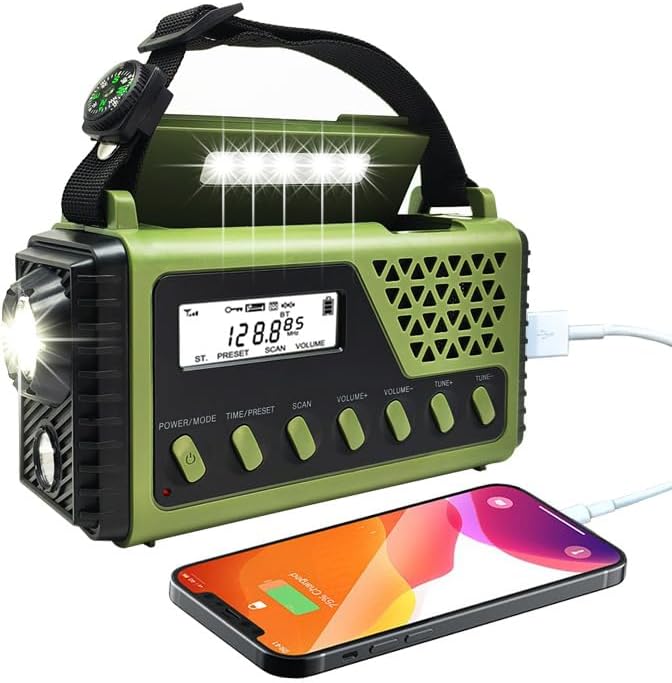 Emergency Radio with Bluetooth 5.0, Solar Hand Crank Portable Weather Radio for Power Outage, AM/FM/Shortwave Battery Operated Radio with Type-C Charger, Flashlight, Reading Lamp, SOS Alarm，8000mAh