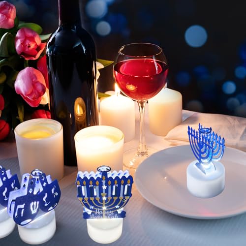 Image of 12Pack Hanukkah Flameless Candle Light, 48+Hour Flameless Flickering Electric LED Colored Tealights Candles for Chanukah Flameless Candles, Wedding Table Decor, Aniversary, Theme Party, Proposal