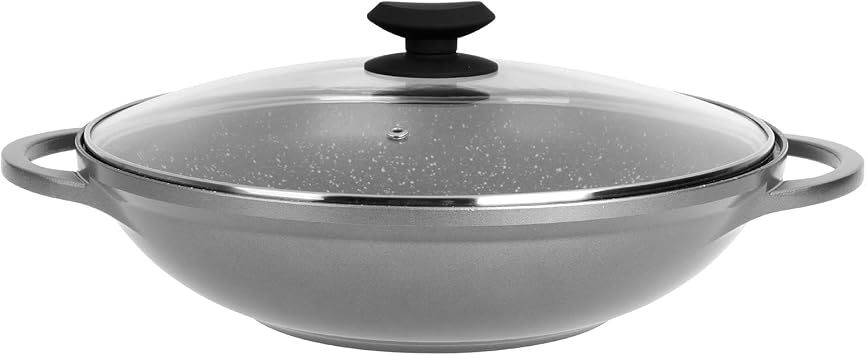 Sitram 714225 Wok Cast Aluminium Interior Stone Effect Diameter 32 cm Height 8 cm Non-Stick Coating 2 Layers PFOA-Free Steam Lid Glass Steam Lid Cast Aluminium Handles Suitable for All Heat