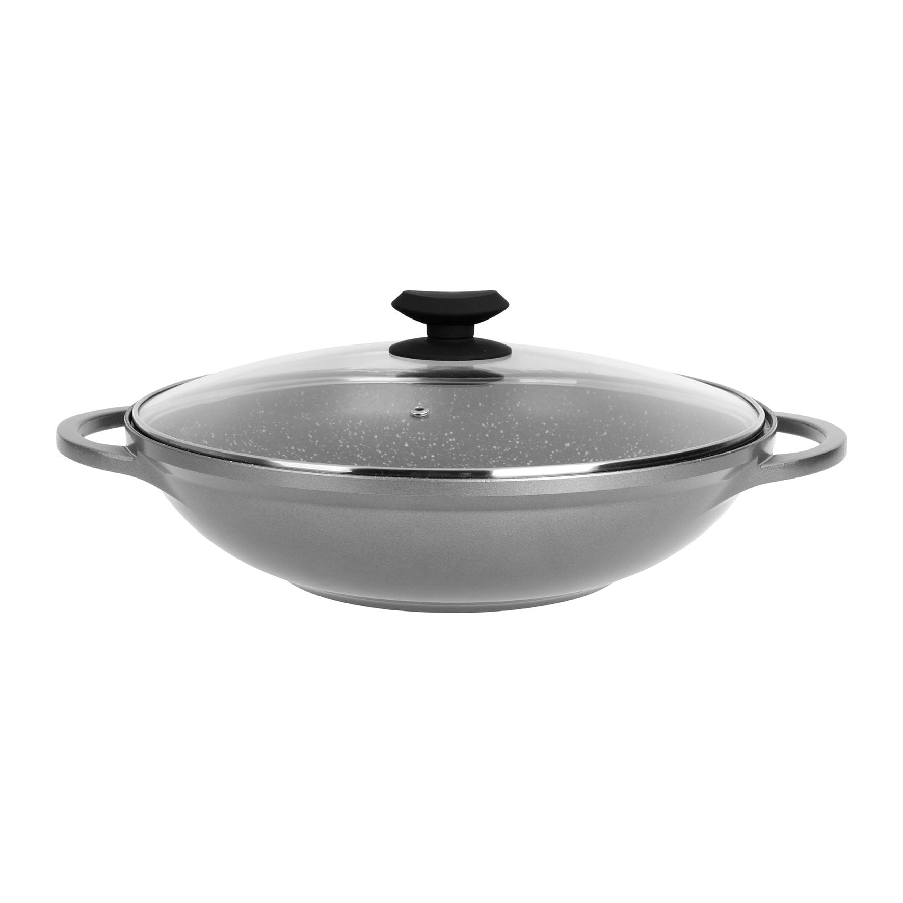 Sitram 714225 - Wok hierro fundido, aluminio interior, efecto piedra, diámetro 32 cm, altura 8 cm, revestimiento antiadherente, 2 capas, sin PFOA, tapa de vapor de vidrio, asas de hierro fundido de