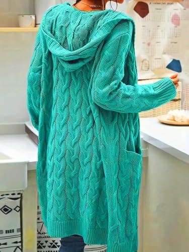 Women's Long Cable Knit Cardigan Sweater with Pockets, Open Front Have Cap4