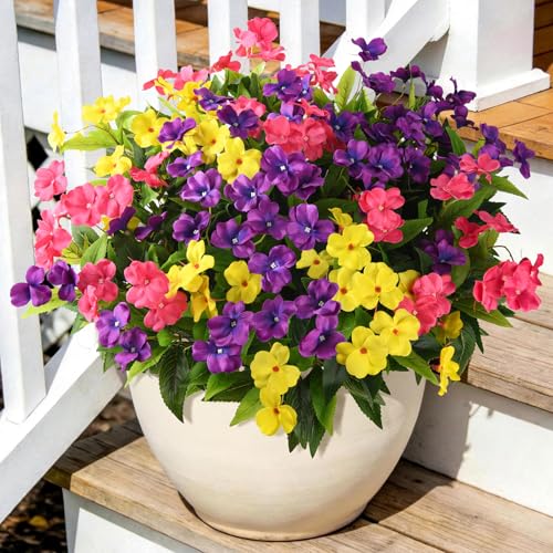Artificial Impatiens Flowers for Outdoors 6 Bundles Multicolor Silk Fake Flowers for Spring Summer Decoration UV Resistant Faux Plants Plastic Bouquet for Home Planter Porch Patio Yard Decor