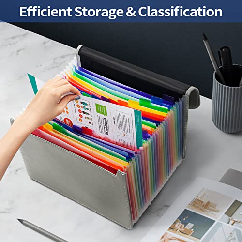 Sooez 24 Pockets Accordion File Organizer, Letter Size, Durable Leather Expanding File Folder, Paper Bill Tax Receipt Organizer, Large Capacity Document Holder With Blank Labels, Light Gray #TOP2