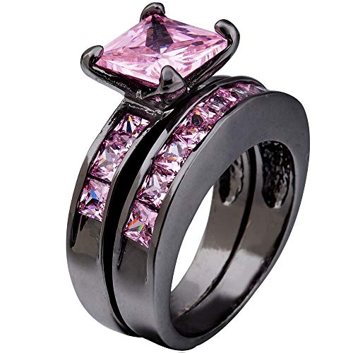 Jude Jewelers Black Rhodium Plated Pink Color Princess Cut Bridal Wedding Ring Set (Black Pink, 7)