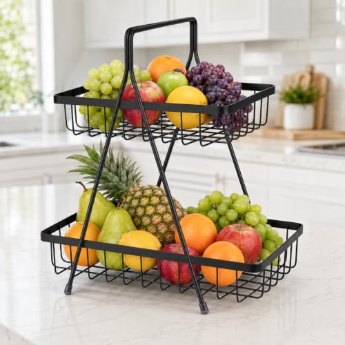 Image of 2-Tier Fruit Basket for Kitchen Counter - Large Capacity Detachable Black Metal Wire Bowl Produce Stand for Vegetable Storage & Home Decor