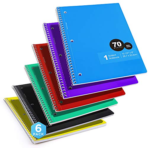Emraw 1-Subject Notebooks Wide Ruled Durable Spiral Notebook Assorted Colors Double Sided 70 Sheets Lined Paper Wired School Notebooks (Pack of 6)