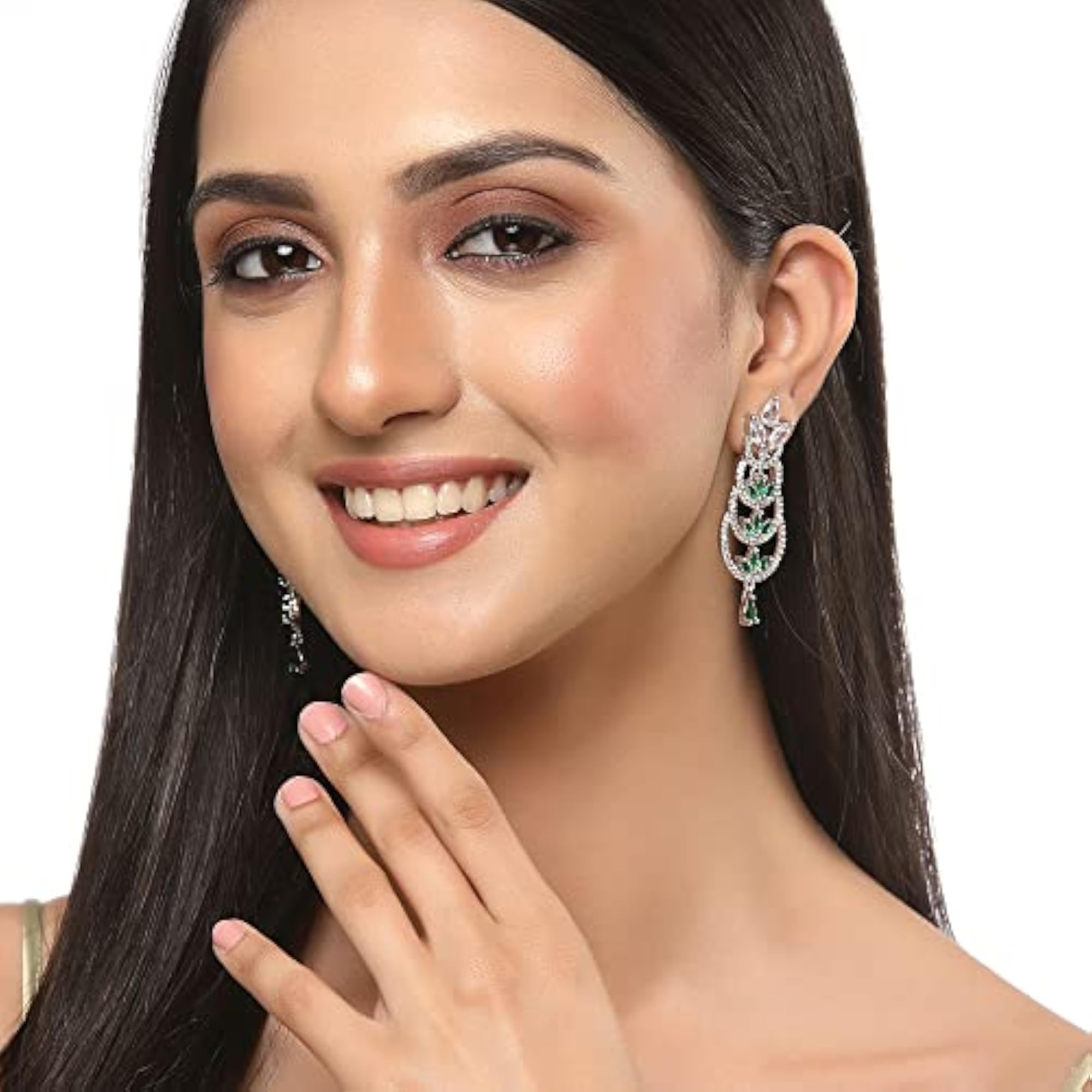 Rhodium-Plated Crescent Drop Earrings with AD