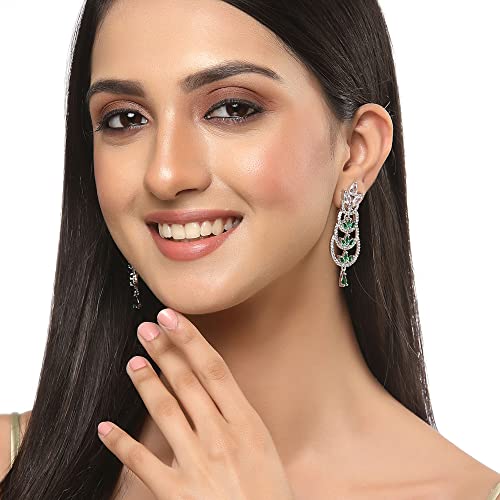 Rhodium-Plated Crescent Drop Earrings with AD