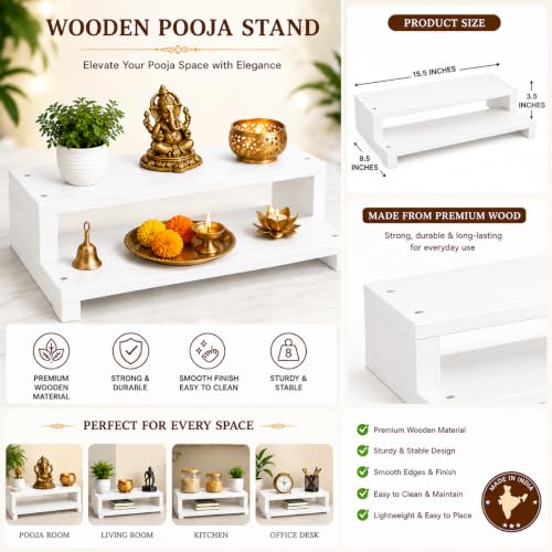 Image of Kamdhenu Wooden Pata Chowki for Pooja |2 Step Pata Chowki Decorative bajot for Sitting Pooja Temple Stool for Mandir| Wooden Bajot Chowki for Temple, Home & Decorative Use (15 x 8 x 3.5 Inch)