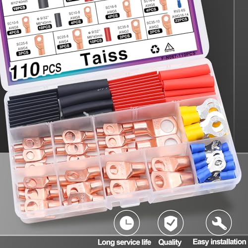 Taiss 110PCS Copper Wire Lugs,battery lugs AWG 2/4/6/8/10/12/14/16 Gauge Copper lugs Assortment,Battery Cable Ends Copper Ring Terminals Connectors with Heat Shrink - Image 3
