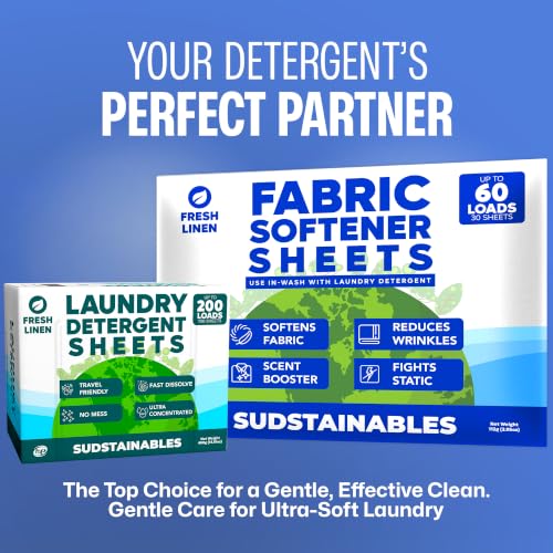 Image of Sudstainables Fabric Softener Sheets for Washer, Fresh Linen, 60 Loads | Softens fabrics, reduces static cling and wrinkles, compatible with all washing machines and dryers.
