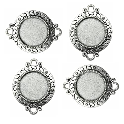 10 Qty – 20mm – Circle – Antique Silver - Fancy Connector Curved Dual Loop Blank Bezel Cabochon Finding Pendant Tray - Deanna’s Supply Shop LLC