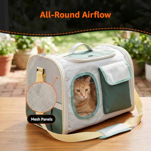 Image of Amazon Basics Premium Pet Carrier Backpack | White- Sage Green | Spacious and Breathable Design | Durable Travel Bag for Cats, Kittens and Puppies | 41cm x 26cm x 30cm