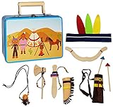Inhalt: Kopfschmuck aus Filz ( mit Klettband JEDEM Kopf anpassbar ), Pfeil und Bogen,Tomahawk, Messer, Kette mit Federn u.v.m.