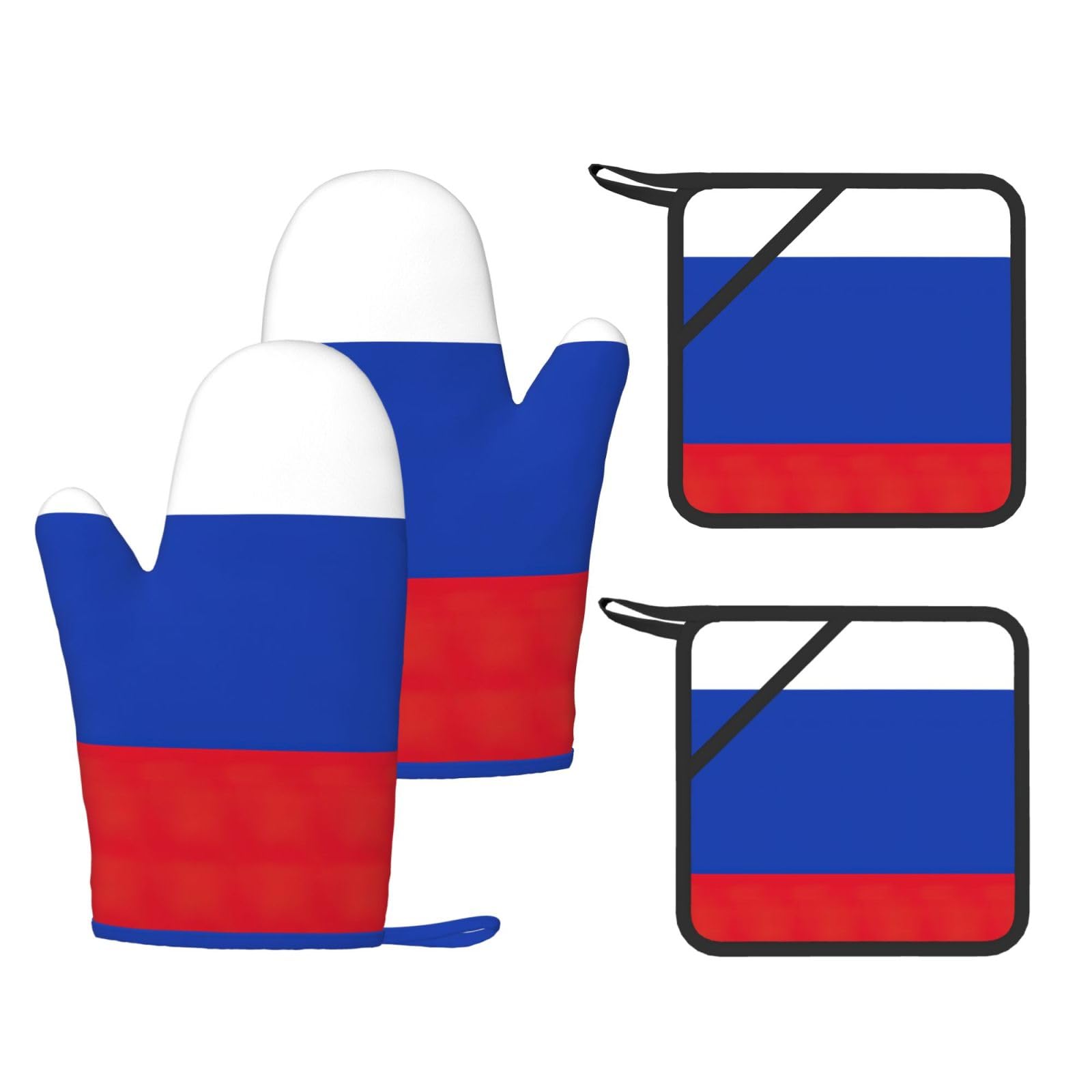 Russian Flag Fashion Printed Kitchen Kit with Heat Resistant Oven Mitts & Non-Slip Hot Pads for Baking
