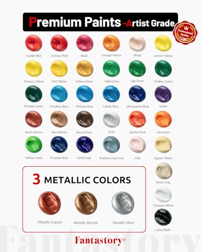 Image of Fantastory Acrylic Paint Set, 36 Colors (2oz /60ml) with 16-Piece Kit (12 Brushes, Color Chart, Palette, Scraper, Sponge) - Includes 3 Metallic Colors. Non-toxic & waterproof paint for wood, pumpkin, rock, canvas, clay. Great for artists, DIY crafts & 3D printing. | Includes Palette, Scraper, Sponge, 3 Metallic Colors. Non-toxic & Waterproof for Canvas, Wood, Pumpkin, Rock, Clay, Crafts