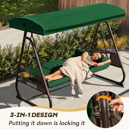 Image of 3 in 1 Outdoor Porch Swing with Adjustable Canopy, 3 Seat Outdoor Swing for Adults, Patio Swing Chair with Thickened Cushions,Pillows & Cup Holders for Backyard, Porch, Garden (Green)